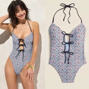 J. Crew Floral Tie-front Halter Reversible One-piece Swimsuit